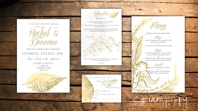 gold feather wedding stationery